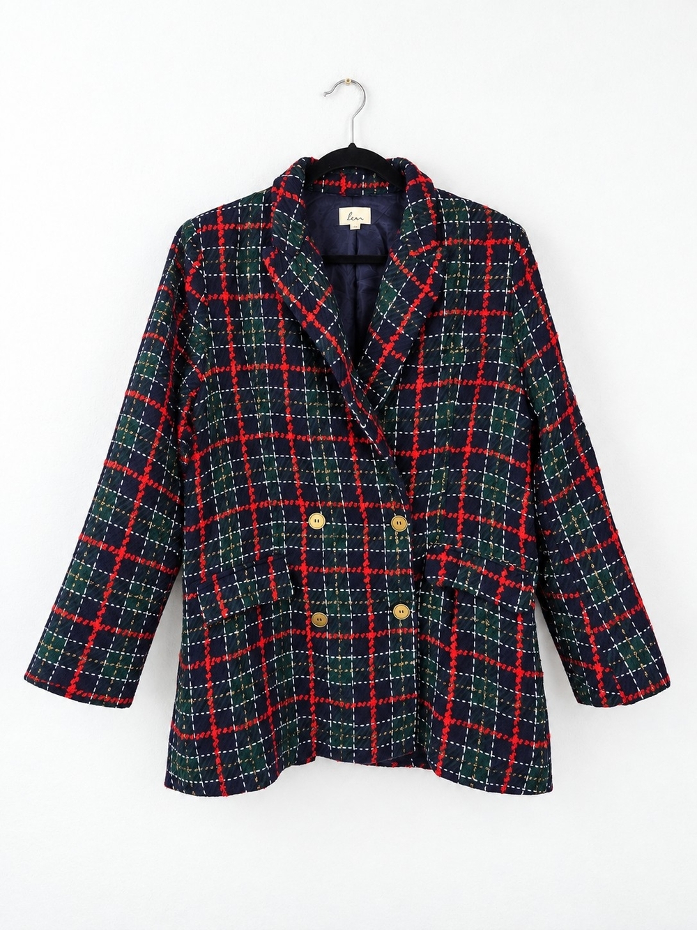 Lina Plaid Tweed Blazer Large Double Breasted Gold Buttons Preppy Old Money Chic